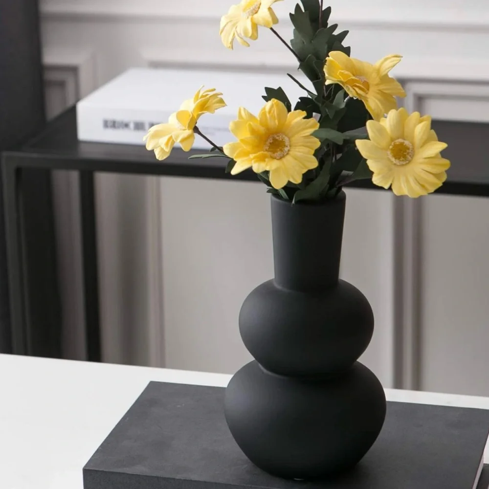 NEW West Elm Large Black Abstract Boho Ceramic Circular Flower Vase Planter
